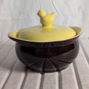 Hull Ceramic Brown Yellow Covered Dish Chick Lid‎ Glossy Pottery Animal Theme